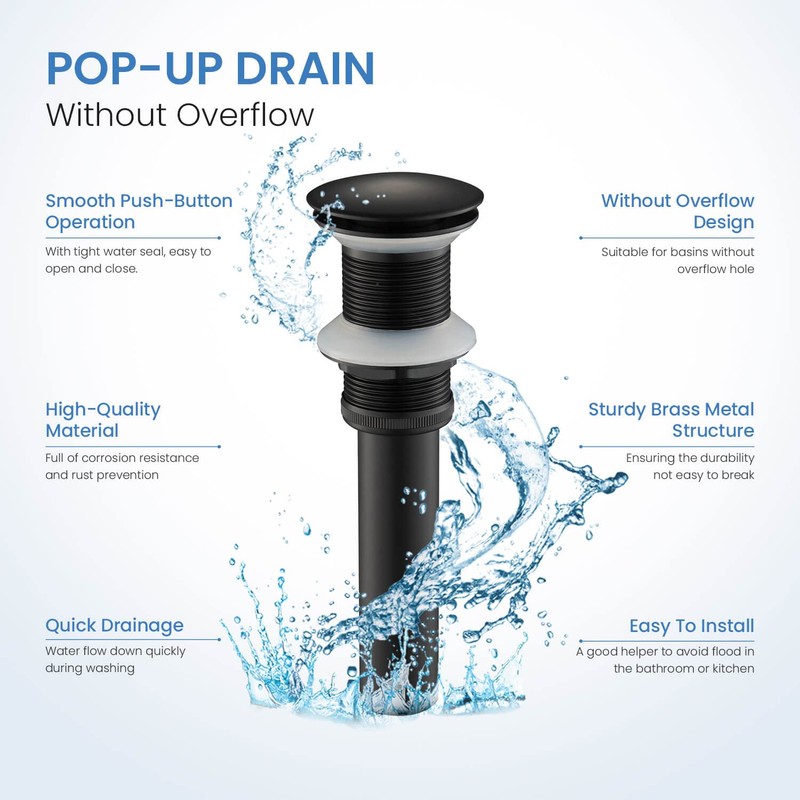 KIBI Pop-Up Drain Stopper for Bathroom Sink Without Overflow |