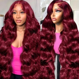 KAITHLYPO 13x6 99J Burgundy Lace Front Wigs Pre Plucked HD Transparent Body Wave Wig 200 Density Glueless Human Wigs With Baby Hair for Women 24 Inch