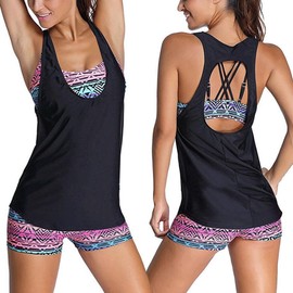 Women Tribal Printed Tankini Set Soft Elastic Swimsuits with Boyshort 3Pcs Bikini Womens Swim Dress Swimming Boyshorts Costume (UK, Alpha, 3XL, Regular, Regular, Black)