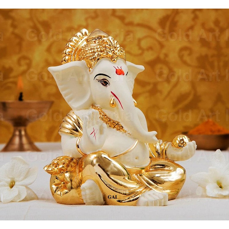 Gold Art India Poly Resin Gold Plated Gaddi Ganesh (8x7x5