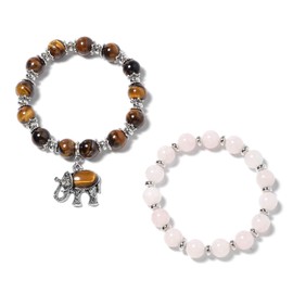 SHOP LC DELIVERING JOY Tiger's Eye Elephant Charm and Rose Quartz Beaded Stretchable Bracelet for Women Set of 2 for Women