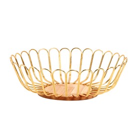 Soulnioi Fruit Basket Iron Wire Fruit Bowl with Wooden Base Round Fruit Storage for Vegetable Snack Bread Home Decor - Gold