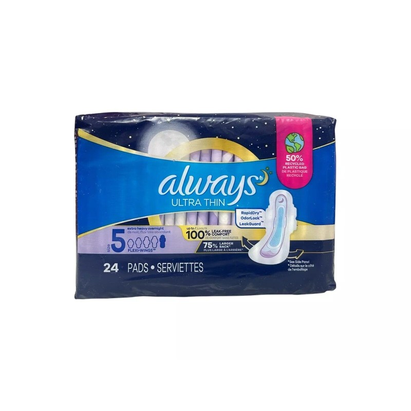 Always Ultra Thin Pads. Extra Heavy Overnight. Size 5. 24