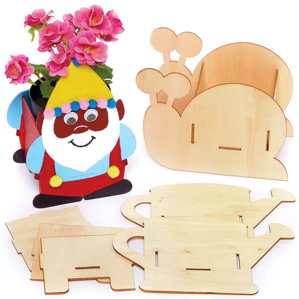 Baker Ross FC837 Garden Figures Flower Pot Wooden Craft Set