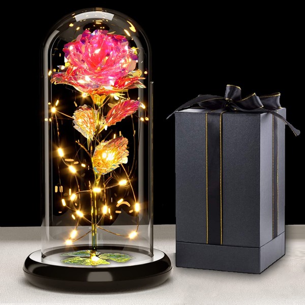 Galaxy Rose for Her, Light Up Rose Flowers, Artificial Flower Rose Gift for Women Mom Wife Lover Daughter, Rose Flower in Glass Dome Present for Thanksgiving, Wedding, Birthday, Anniversary, Christmas