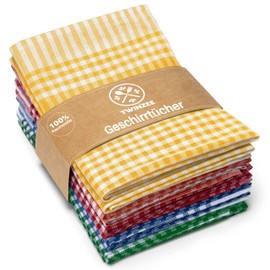 Set of 10 Checked Tea Towels Cotton Twinzee - 100% Cotton Oeko-Tex - 70 x 50 cm - Retro Chic Style Kitchen Towels - Dish Towels - 2 Blue, 2 Red, 2 Green, 2 Yellow Tea Towels