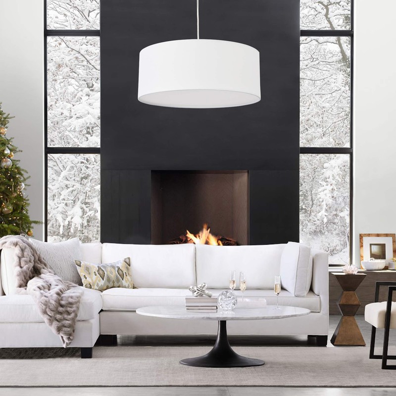 Modern 3-Light White Drum Pendant Light Fixture, 16''Nickel Fabric Shade,