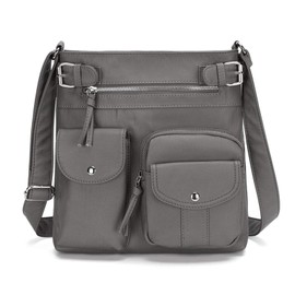 NICOLE & DORIS Multi Pockets Handbag Women Crossbody Bag Vintage Shoulder Bag Student Messenger Bag Retro Leather Bags Designer Satchel Light Grey