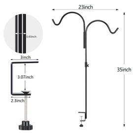Gtongoko 35 Inch 2 Pack Double Deck Hook for Railing, Deck Bird Feeder Pole with 3 Inch Strengthened Clamp for Hanging Bird Feeders, Lanterns, Wind Chimes, Flower and Plant Baskets