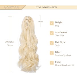 Gairyan 20inch Ponytail Extension Clip in Ponytail Hair Extensions Curly Wavy Pony Tails Claw on Ponytail Long Wave Synthetic Hairpieces for Women Soft Real Look (Bleach Blonde)