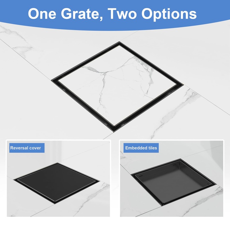 6-Inch Square Shower Drain with Tile Insert Grate, SUS 304