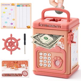 GoaePode Money Box for Kids, Piggy Bank Electronic ATM Password for Money Safe, Cartoon Saving Box Cash Coins Schedule Planner, Pocket Money Organiser for Boys Girls Toys Birthday Gift Ages 3+ (Brown)