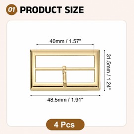sourcing map 4Pcs Single Prong Belt Buckle, 1.77" Zinc Alloy Adjustable Rectangle Movable Centre Bar Roller Buckles for Purse Bag Leather Craft Accessories, Gold
