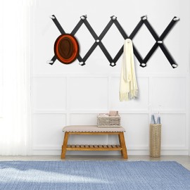 Dseap Accordian Wall Hanger: 16” High Wooden Wall Expandable Coat Rack, Hat Rack Holder, Accordion Hook for Baseball Caps, Coats, Mugs, 14 Peg Hooks, Black & White