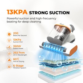 Rosewill Mattress Vacuum Cleaner: Anti-allergen with UV-C Light & High Heating Tech, 350W 13Kpa Strong Suction - Corded (Orange & White) - RHVC-24004OR