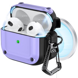 RFUNGUANGO for Airpods 3 Case, Magnetic Cover Military Grade Anti-Fall Soft TPU Shock Absorbing Protective Case for AirPods 3 Charging Case with Cleaning KitPurple