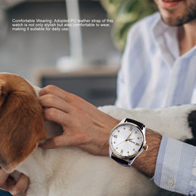 Men Quartz Watch Double Calendar Accurate Time PU Leather Strap
