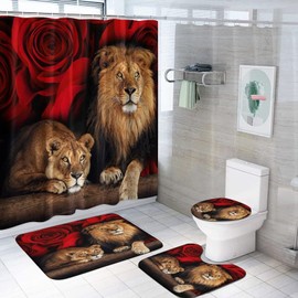 jieprom 4PCS Red Rose and Lion Shower Curtain Bathroom Set with Non-Slip Rugs, Toilet Lid Cover and Bath Mat, Red Shower Curtain with 12 Hooks, Durable Waterproof Bathroom Decor Set