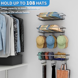 XRMAO 3 Packs Wall Hat Organizers with Multiple Hooks, Metal Hat Racks for Baseball Caps, Hat Storage Holders Up to 108 Caps for Closet, Entryway,Black