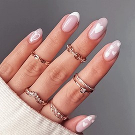 White French Tip Press on Nails Medium Almond False Nails with Love Heart Design Cute Gel False Nails Reusable Nude Pink Full Cover Acrylic Nails for Wedding Nail Art Supplies 24Pcs