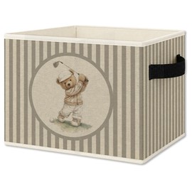 Vintage Golf Bear Storage Bins Box with Handles, Sports Kids Decor for Boys, Neutral Gingham Sports Ball Collapsible Organizer Basket for Nursery Room Bedroom Playroom Books