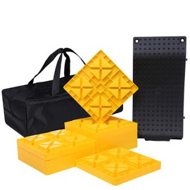 Homeon Wheels RV Leveling Blocks One Top Tire Wheel Chock and 9 Pack Interlocking Leveling Blocks with Carrying Bag Heavy Duty Camper Leveling Blocks and Chocks Anti-Slip Pads Design Yellow Black