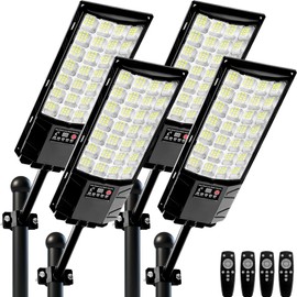 4-Pack Solar Street Lights, Outdoor LED Flood Light with Dual Motion Sensors, Dusk to Dawn, 6500k Dimmable Security Lamps with Remote Control, IP66 Waterproof Solar Powered Parking Lot Lights