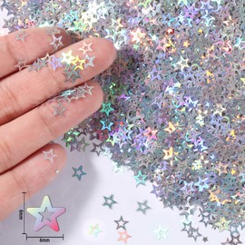 Renfio 1.75 Oz 50g Hollow Stars Confetti Glitter Micro Five-Pointed Stars Shiny Sequin Glitters Resin Sparkle Chunky Sequins for DIY Mold Art Nail Artwork Holiday Decoration - Laser Silver