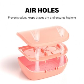 Retainer Case with Mirror & Vent Holes, Double-Layer Denture Organizer with Sturdy ABS, Soft Silicone Liner, and Magnetic Lid (Pink)