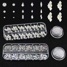 VOTACOS Rhinestones for Nails, Flatback Multi Shape Gems 3D Flowers Nail Charms Mixed Nail Glitter Powder Supplies Moonlight Crystal Jewelry Accessories for Women Manicure Decorations Design