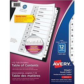 AVERY Ready Index Table of Content Dividers for Laser and Inkjet Printers, 12 tabs, Black & White, 1 Set, (11140)
