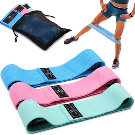 Healthsmart Fabric Resistance Bands, Targets Abs, Glutes, Quads, Calves, Hamstrings, 3 bands with Variable Resistance Levels, Minimum 15lbs and Maxes at 70lbs, Travel Case & Exercises Included, Pastel