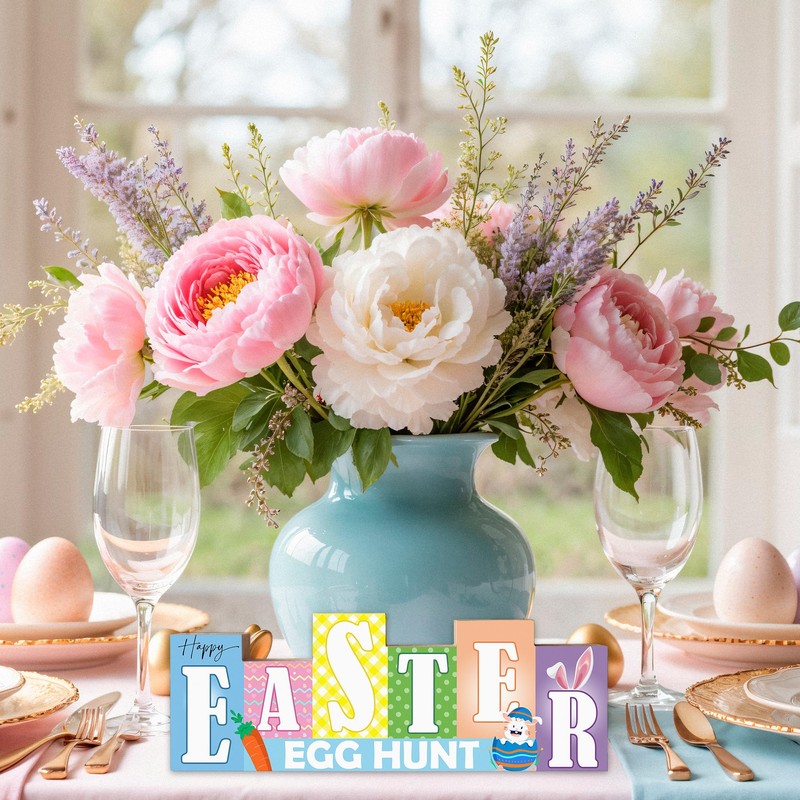 Happy Easter & Hello Spring Wood Decorations Sign -13" Rabbits