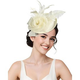 White Fascinators for Women Tea Party Church Hats 20s 50s Pillbox Cocktail Mesh Flower Feather Headband Creamy White