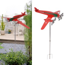 Qcwwy Airplane Windmill Metal 3D Red Rustproof Aircraft Wind Chime Garden Decoration Brighten Up Your Garden Versatile Hand Welded
