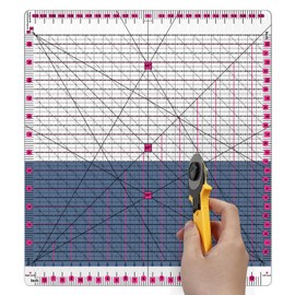 12.5x12.5 Inch Slotted Quilting Ruler with 45°/60° Multi-Angle, Non-Slip Grips & Cutting Grooves, Acrylic Sewing Ruler for Fabric Cutting and Patchwork
