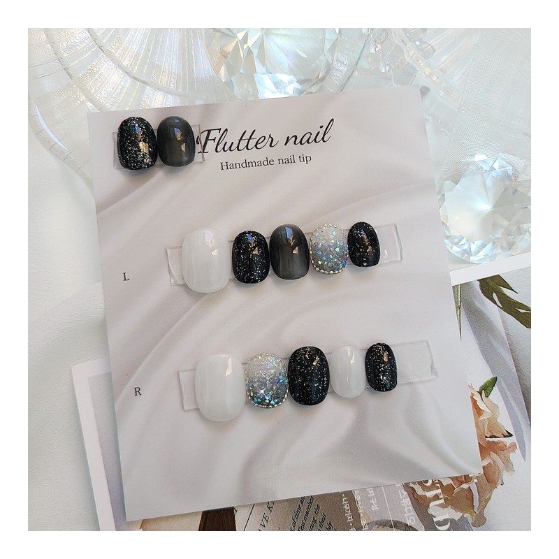 Black Glitter Pixie Handmade Nail Tips - Short Oval Mini