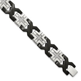 The Black Bow 14mm Stainless Steel, Black Plated & CZ Cross Link Bracelet, 8.25 Inch