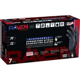 SAS Raven Patriot Powder-Free Nitrile Disposable Gloves | 7 Mil - Small | Black, Box of 100| Latex Free, Compression Fit, Textured Grip | Paint, Automotive, Industrial, Janitorial, Food Service