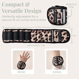Activery Co. Adjustable Wrist & Ankle Weights for Women, Soft Neoprene with Reflective Strip, Ideal for Training, Yoga, Pilates - Includes Exercise Guide & Travel Bag, 1 Pair (1lb each), Leopard Print