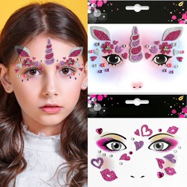 Valentine's Day Face Tattoos Stickers Kits Rose Red Heart Lips Glitter Gem Temporary Tattoos for Valentines Costume Party Makeup Decoration Cute Heart Unicorn Lips Fake Tattoos Decals for Women Girls