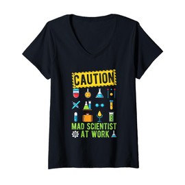 Womens CAUTION Mad Scientist AT WORK Mad Scientist Costume V-Neck T-Shirt
