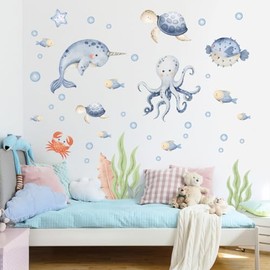 Calcomanía de pared para habitación de los niños, mundo subacuático, acuarela oceánica, océano oastal, hipocampo pulpo, tortuga, pez de tortuga