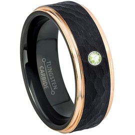 Black & Rose Gold IP Hammered Tungsten Carbide Mens Wedding Band with 0.07ctw / 0.10ctw Solitaire Round Peridot Birthstone 3-Stone Tungsten Ring - Comfort Fit Tungsten Anniversary Ring - 1PD