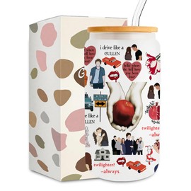 Twilight Merch, Vampire Merch, Edward Vampire Gift, TV Show Inspired Gifts for Girls, Vampire Lover, Edward Bella Fans, Movie Lovers, 16 oz Iced Coffee Glass Cup with Lid Straw