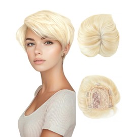 QUEENTAS Short Blonde Hair Toppers for Women with Thinning Hair Piece 360°3D Cover with 5 Clips Wispy Bangs 6.5"*6" Large Coverage Synthetic Hairpieces for Men(Mixed Blonde/#613)