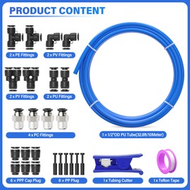 TAILONZ PNEUMATIC Blue 1/2 Inch OD 10 Meter 32.8ft PU Polyurethane Air Tubing Kit Pipe Hose Air Line Tubing Air Hose Fittings Push to Connect Fittings(27PCS)