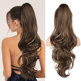 Flufymooz 26" Ponytail Extension, Long Wavy Curly Claw Clip in Ponytail Hair Extensions, Natural Synthetic Hairpiece for Women Daily Wear(Deep Brown with Dirty Blonde)