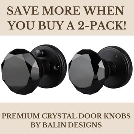 Balin Designs Black Crystal Door Knob with Lock, Glass Door Knobs Interior Privacy Set, Vintage Decorative Antique Style Handle for Bedroom, Bathroom, Closet, 2 Pack