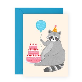 Cute Fat Raccoon Birthday Card - 'Birthday Raccoon' - Gifts for Friends, Family, Co-worker, Colleagues, Bestie, Bruv, Mate, Neighbours, Him, Her - Ready to Party - Comes with Fun Stickers